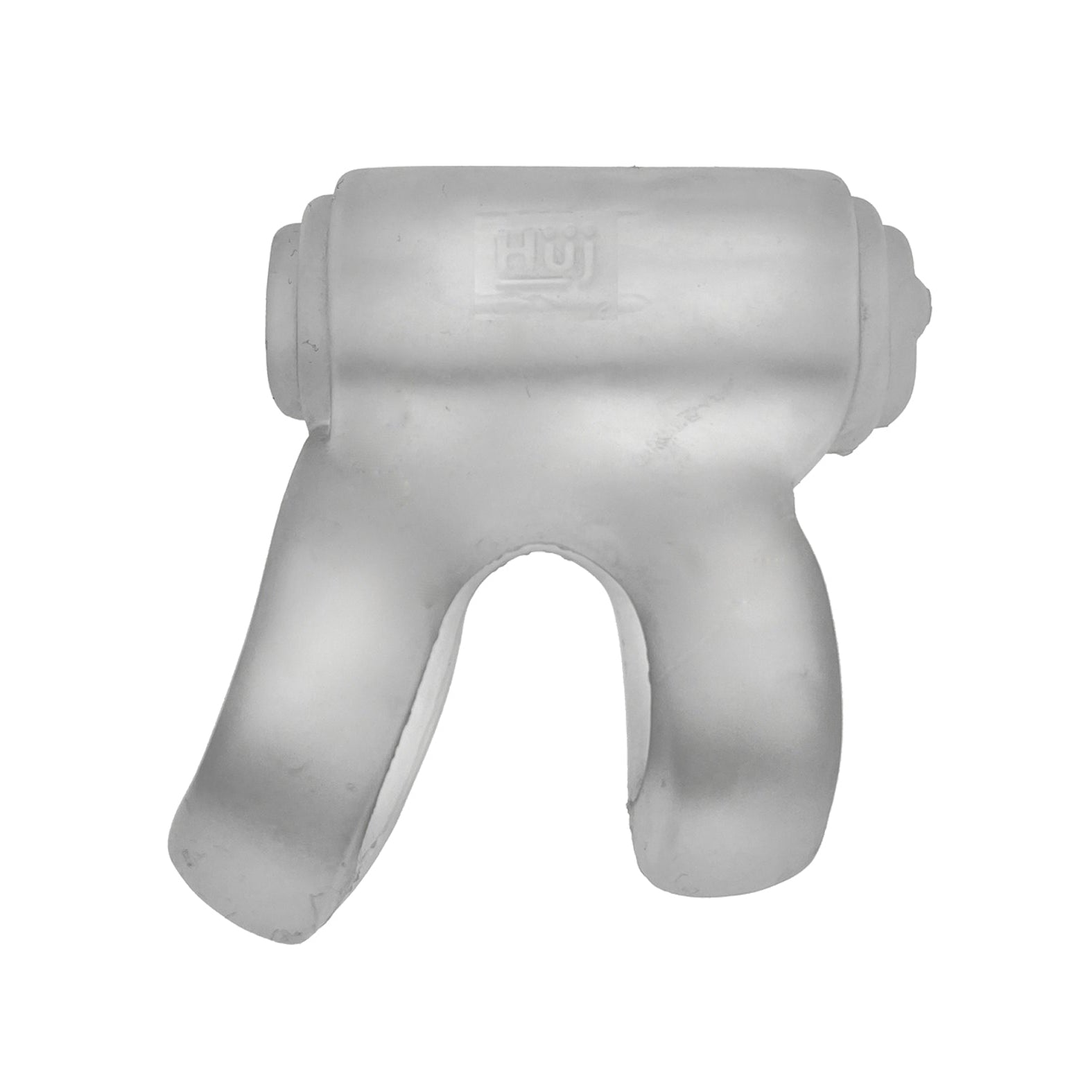 A translucent frosted glass sculpture with dual-legged design and smooth curves mirrors the sleek Hunky Junk Revhammer Shaft Vibe Ring - Clear Ice With Blue Vibe, featuring a cylindrical upper part and subtle logo.