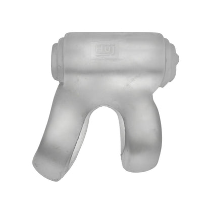 A translucent frosted glass sculpture with dual-legged design and smooth curves mirrors the sleek Hunky Junk Revhammer Shaft Vibe Ring - Clear Ice With Blue Vibe, featuring a cylindrical upper part and subtle logo.