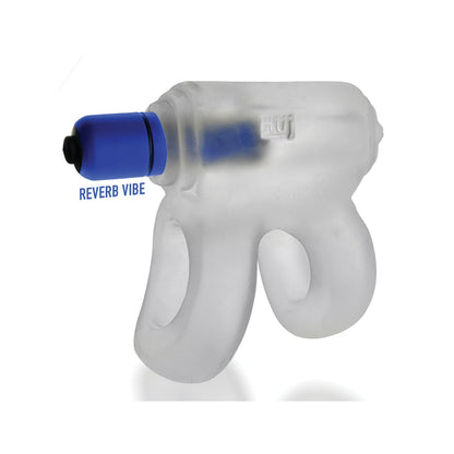 The Hunky Junk Revhammer Shaft Vibe Ring - Clear Ice With Blue Vibe has a blue-tipped design, three cylindrical sections, and a frosted texture. It resembles a gun and acts as a waterproof vibe for an enhanced sensual experience.