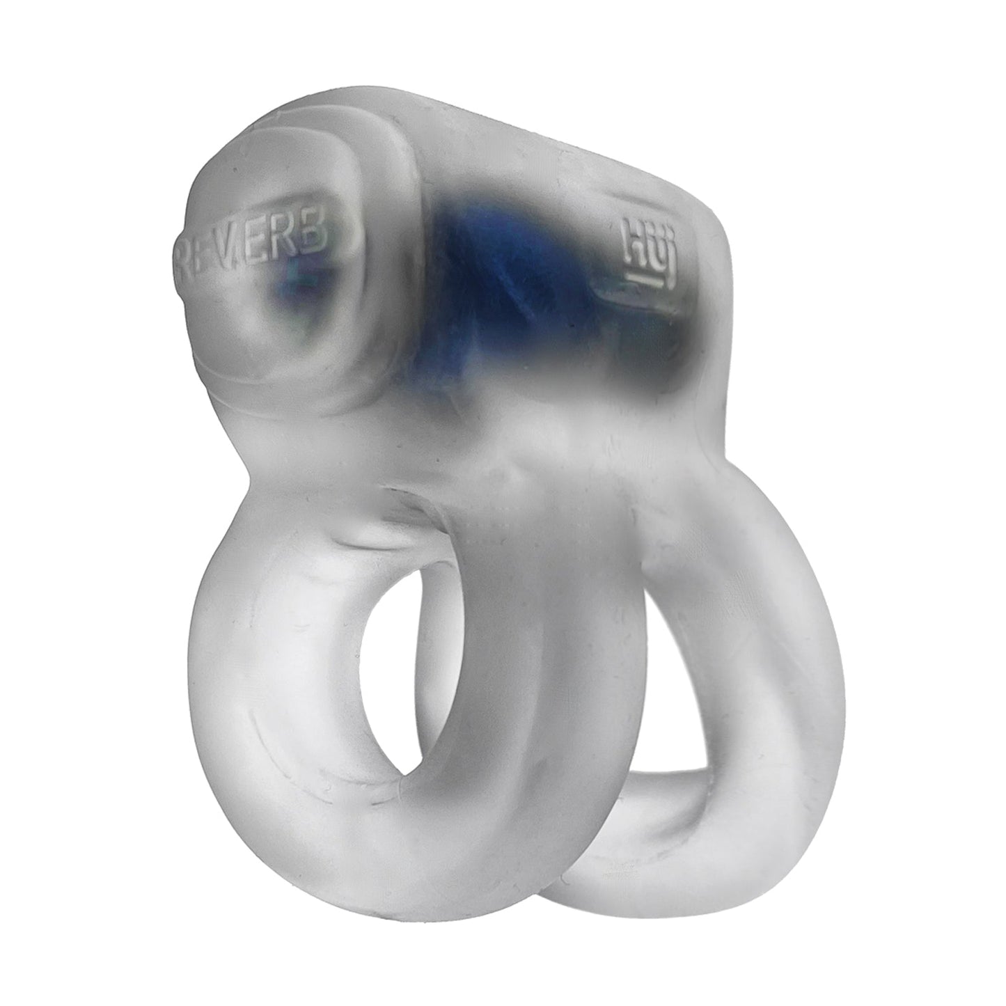The Hunky Junk Revhammer Shaft Vibe Ring in Clear Ice with Blue Vibe features two loops, embossed text, and an ergonomic silicone design, making it a stylish and comfortable wearable cockring accessory.