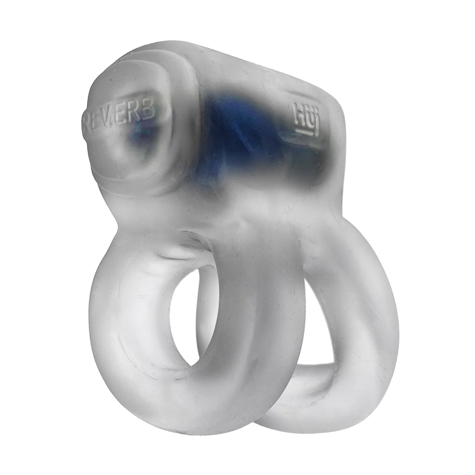 The Hunky Junk Revhammer Shaft Vibe Ring in Clear Ice with Blue Vibe features two loops, embossed text, and an ergonomic silicone design, making it a stylish and comfortable wearable cockring accessory.