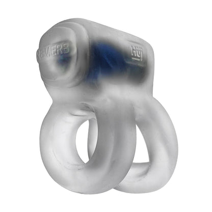 The Hunky Junk Revhammer Shaft Vibe Ring in Clear Ice with Blue Vibe features two loops, embossed text, and an ergonomic silicone design, making it a stylish and comfortable wearable cockring accessory.