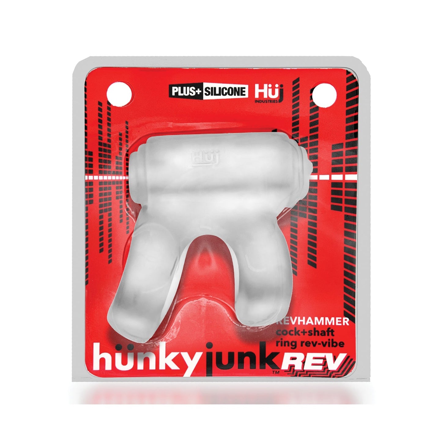 The Hunky Junk Revhammer Shaft Vibe Ring in Clear Ice with a Blue Vibe is encased in packaging featuring a transparent silicone cockring and shaft ring, designed for the REVHAMMER experience against a bold red background with black and white accents.