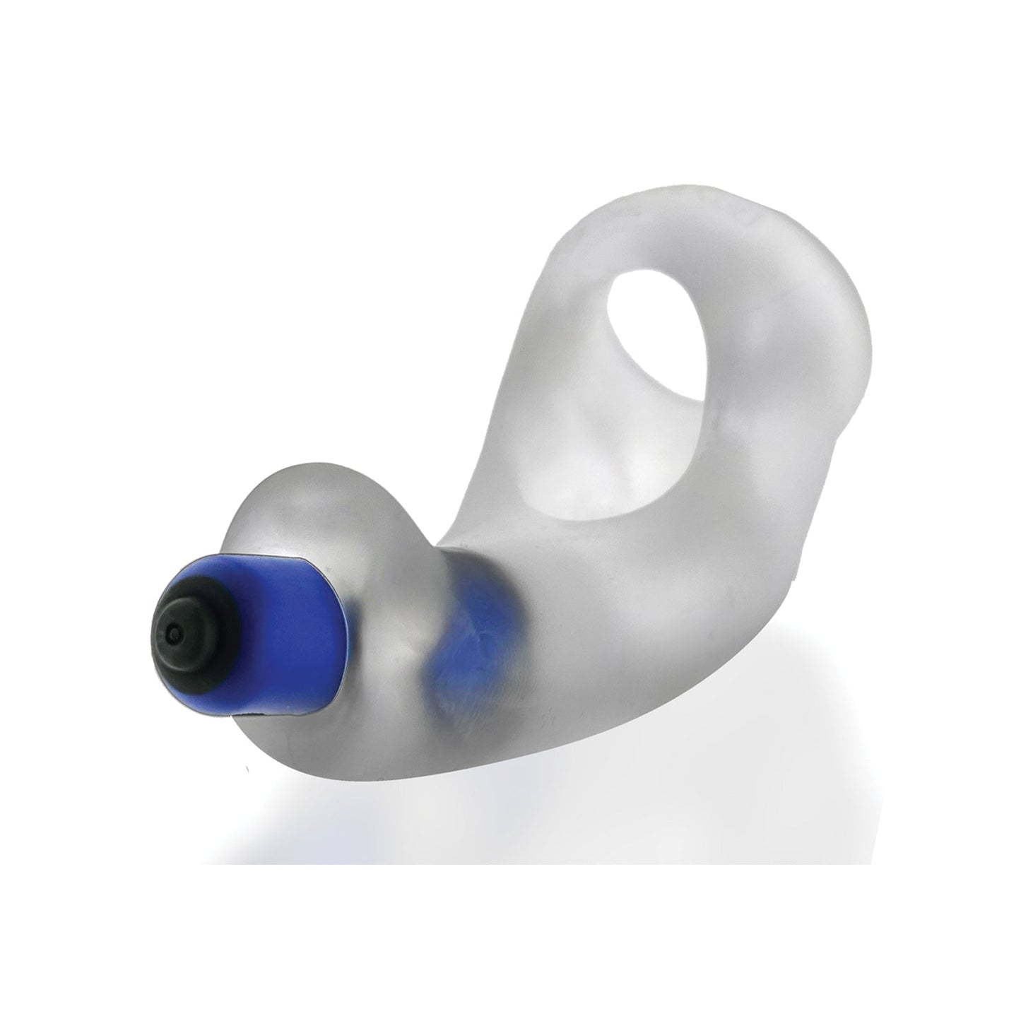 The Hunky Junk Buzzfuck Sling With Taint Vibe is displayed: a transparent, custom-molded earplug with a blue tip and waterproof feature. Its curved, ergonomic design includes a small hole near the top for acoustics or comfort, set against a plain white background.