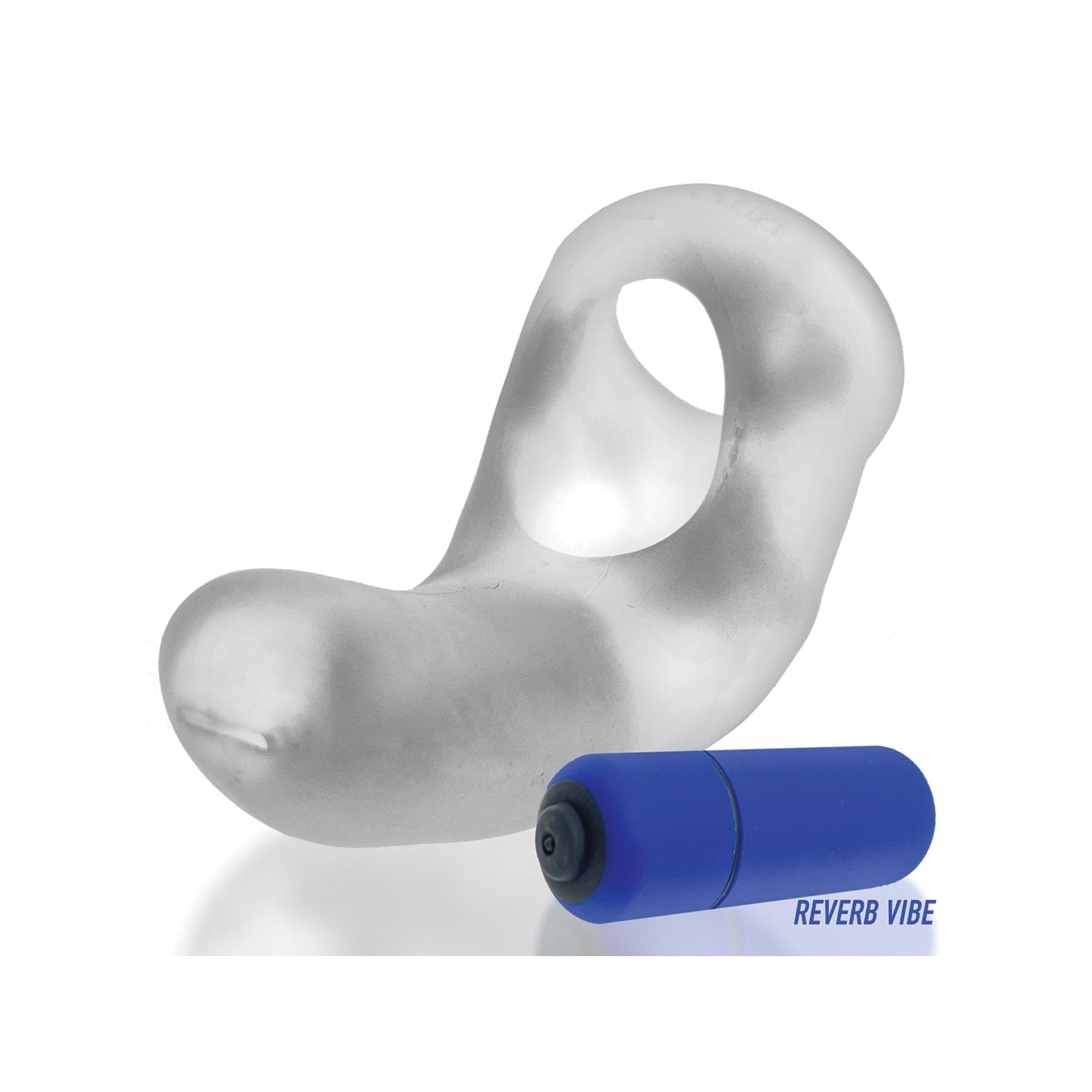 A modern sculptural translucent silicone ergonomic object with a loop handle is next to a small blue cylindrical waterproof vibe labeled Hunky Junk Buzzfuck Sling With Taint Vibe on a white background.