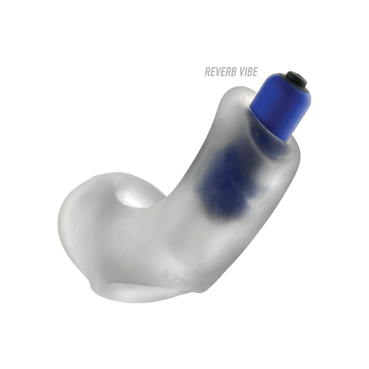 The Hunky Junk Buzzfuck Sling With Taint Vibe features a translucent silicone earplug with a blue tip, designed for noise reduction and waterproof durability. REVERB VIBE is emblazoned on it. Its ergonomic design ensures a cozy fit, offering a tranquil vibe of quiet pleasure.