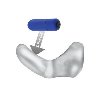 A blue cylindrical object labeled Hunky Junk Buzzfuck Sling With Taint Vibe hovers above a gray curved form. An arrow indicates interaction, hinting at their connection. The vibe offers waterproof pleasure with a bold, understated design on a clean white background.