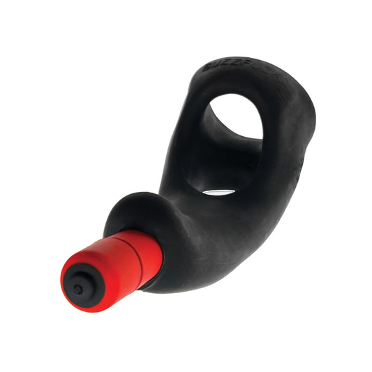 The Hunky Junk Buzzfuck Sling With Taint Vibe is a black and red ergonomic tool with a loop handle and cylindrical tip, offering comfortable grip. Its designed as a waterproof vibe for versatile enjoyment.