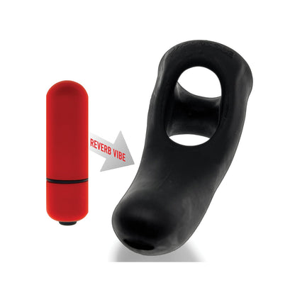 The Hunky Junk Buzzfuck Sling With Taint Vibe by Hunky Junk is a black vibrating ring with an integrated loop and separate red bullet vibrator, offering unparalleled pleasure with a sleek design on a plain white background. This waterproof vibe elevates your experience.