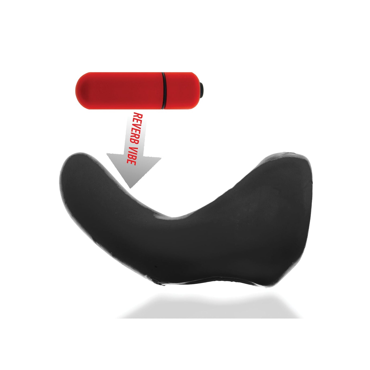 A black ergonomic object with a curved design rests under the Hunky Junk Buzzfuck Sling With Taint Vibe, a red cylindrical device featuring a Remove Vibe label and downward arrow. This sleek setup promises pleasure, accentuated by the white background highlighting its allure.