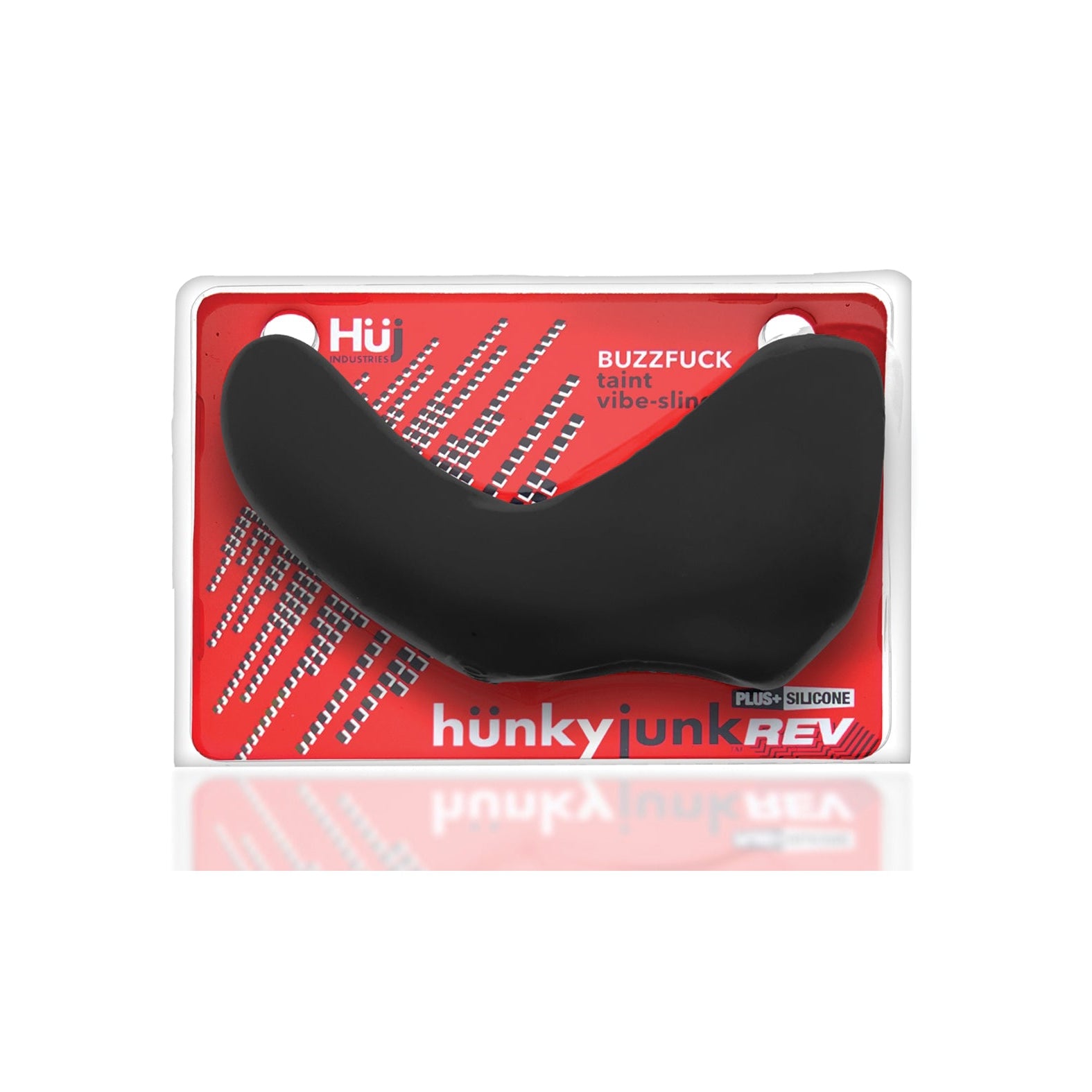 A black, curved silicone toy is displayed against striking red and silver packaging labeled Hunky Junk Buzzfuck Sling With Taint Vibe by Hunky Junk. Waterproof and designed for pleasure, it stands out on a pristine white background with reflective packaging.
