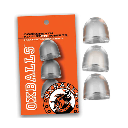 The Oxballs Cocksheath Adjustfit Inserts - Pack of 3 Clear features three transparent inserts for a snug fit, set against an orange backdrop with the iconic bull logo.