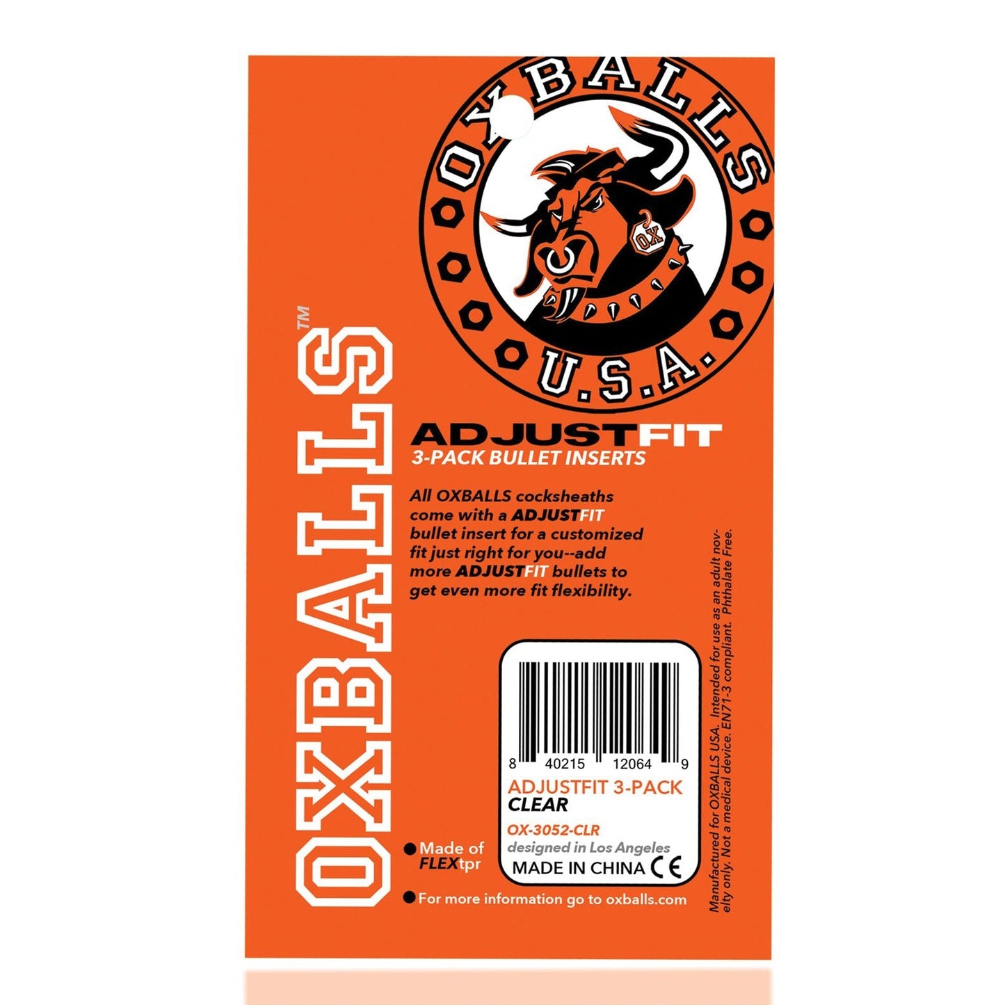 Clear packaging for Oxballs Cocksheath Adjustfit Inserts, a pack of 3 inserts designed for a tighter fit. Features product details, a barcode, and a bulls head logo with Oxballs U.S.A. text. Made in China.