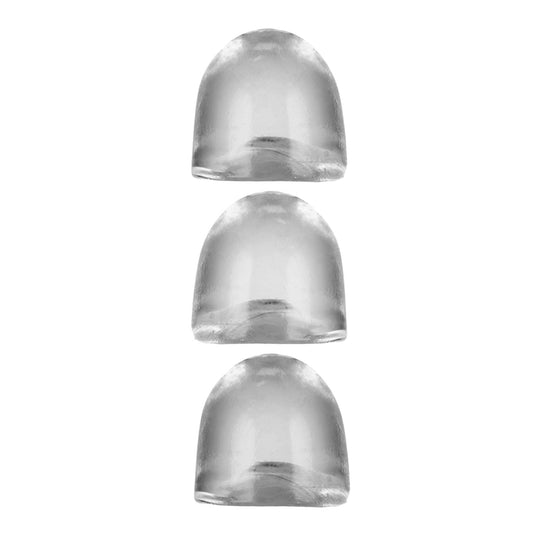 The Oxballs Cocksheath Adjustfit Inserts – Pack of 3 Clear are arranged vertically against a white background, reminiscent of transparent silicone thumb guards, suggesting a tighter fit like precision inserts.