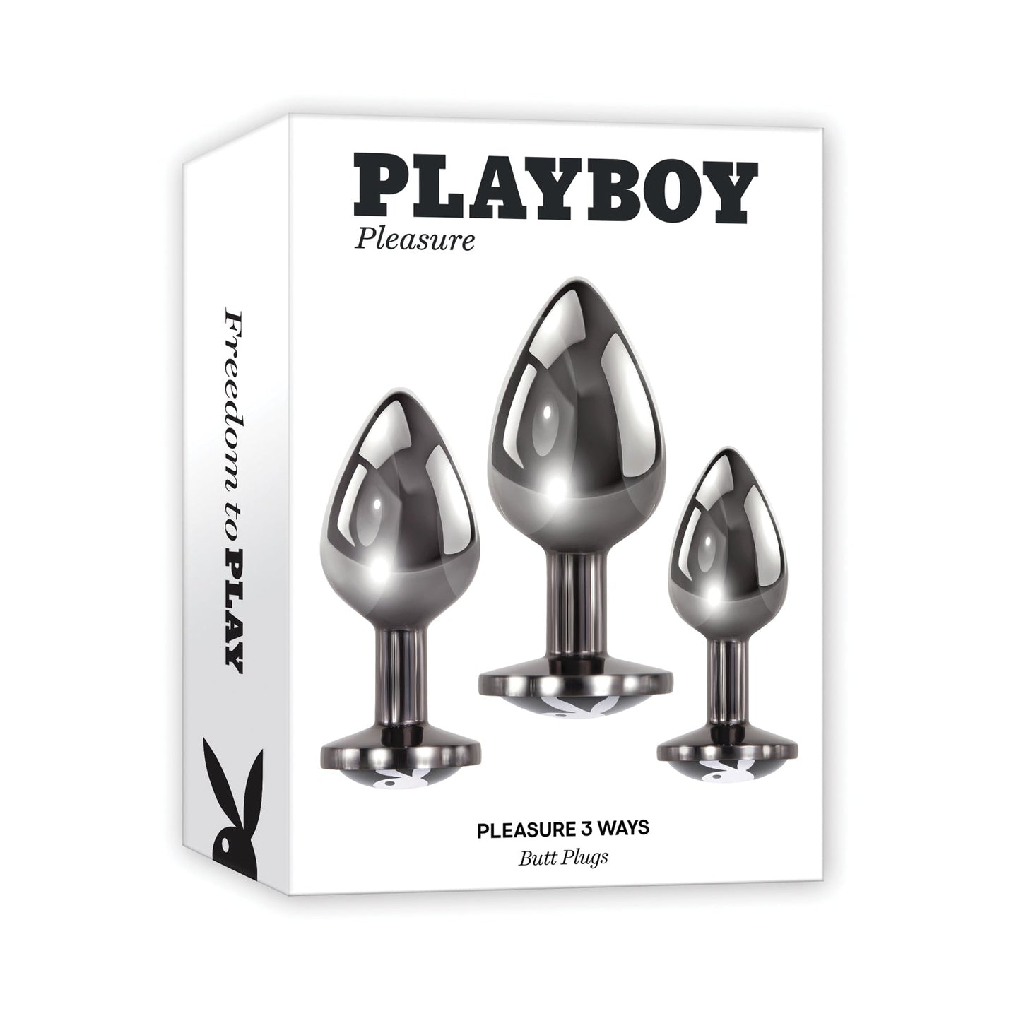 The Playboy 3 Ways Butt Plugs, by Playboy, is an anal training kit in sleek packaging featuring the iconic logo and the phrase Freedom to Play. Its ideal for enhancing your booty game with its three size options.