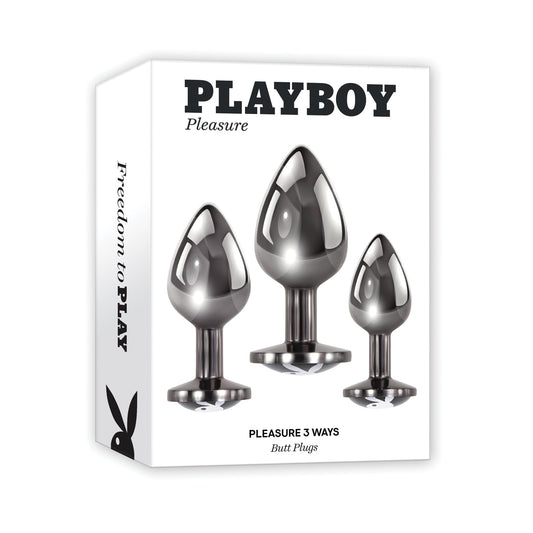 The Playboy 3 Ways Butt Plugs, by Playboy, is an anal training kit in sleek packaging featuring the iconic logo and the phrase Freedom to Play. Its ideal for enhancing your booty game with its three size options.