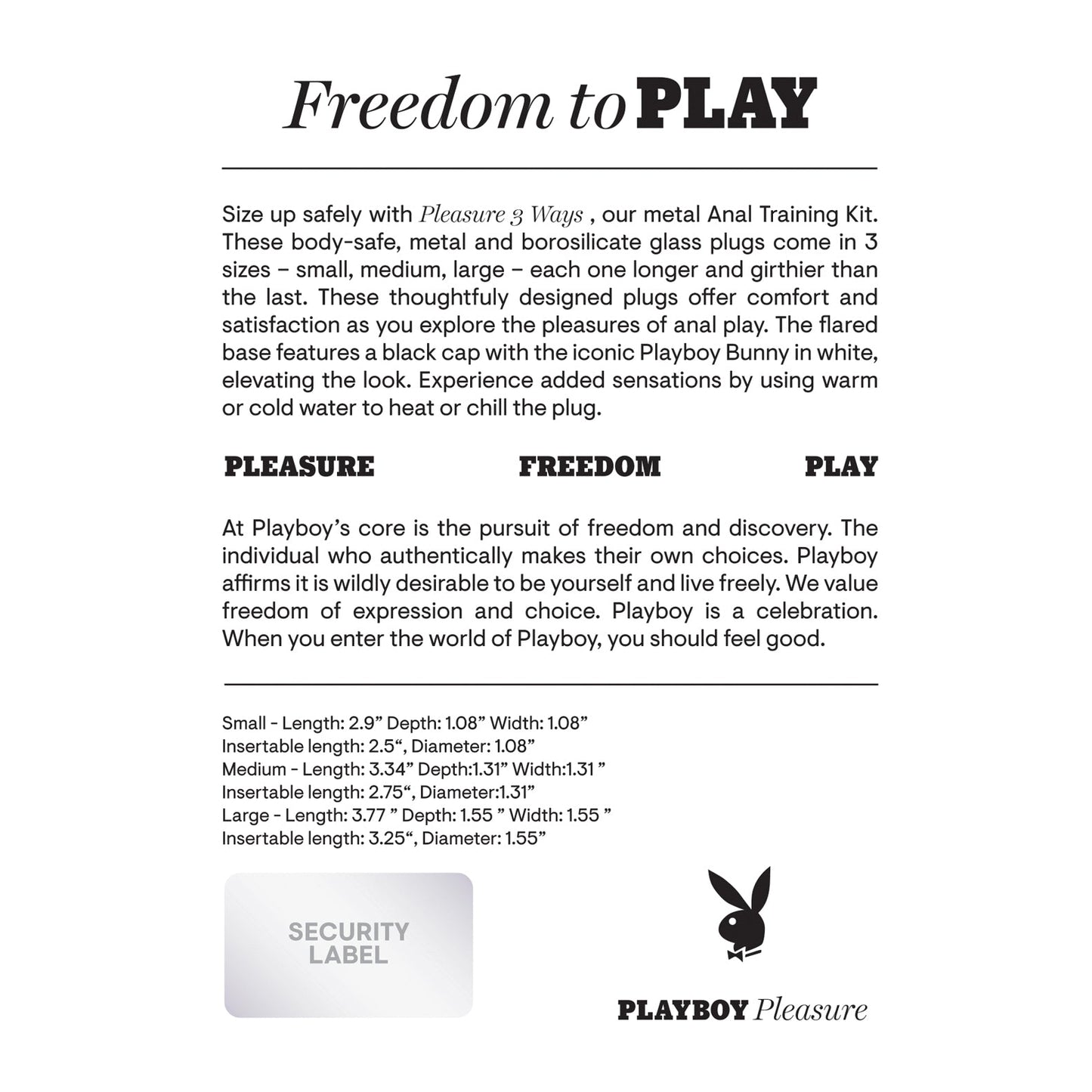 Introducing Playboy 3 Ways Butt Plugs, a chic metal kit featuring the iconic bunny logo and Freedom to PLAY slogan. Perfect for enhancing your booty game, it highlights pleasure, freedom, and fun exploration with details on sizes.