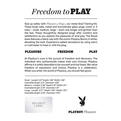 Introducing Playboy 3 Ways Butt Plugs, a chic metal kit featuring the iconic bunny logo and Freedom to PLAY slogan. Perfect for enhancing your booty game, it highlights pleasure, freedom, and fun exploration with details on sizes.