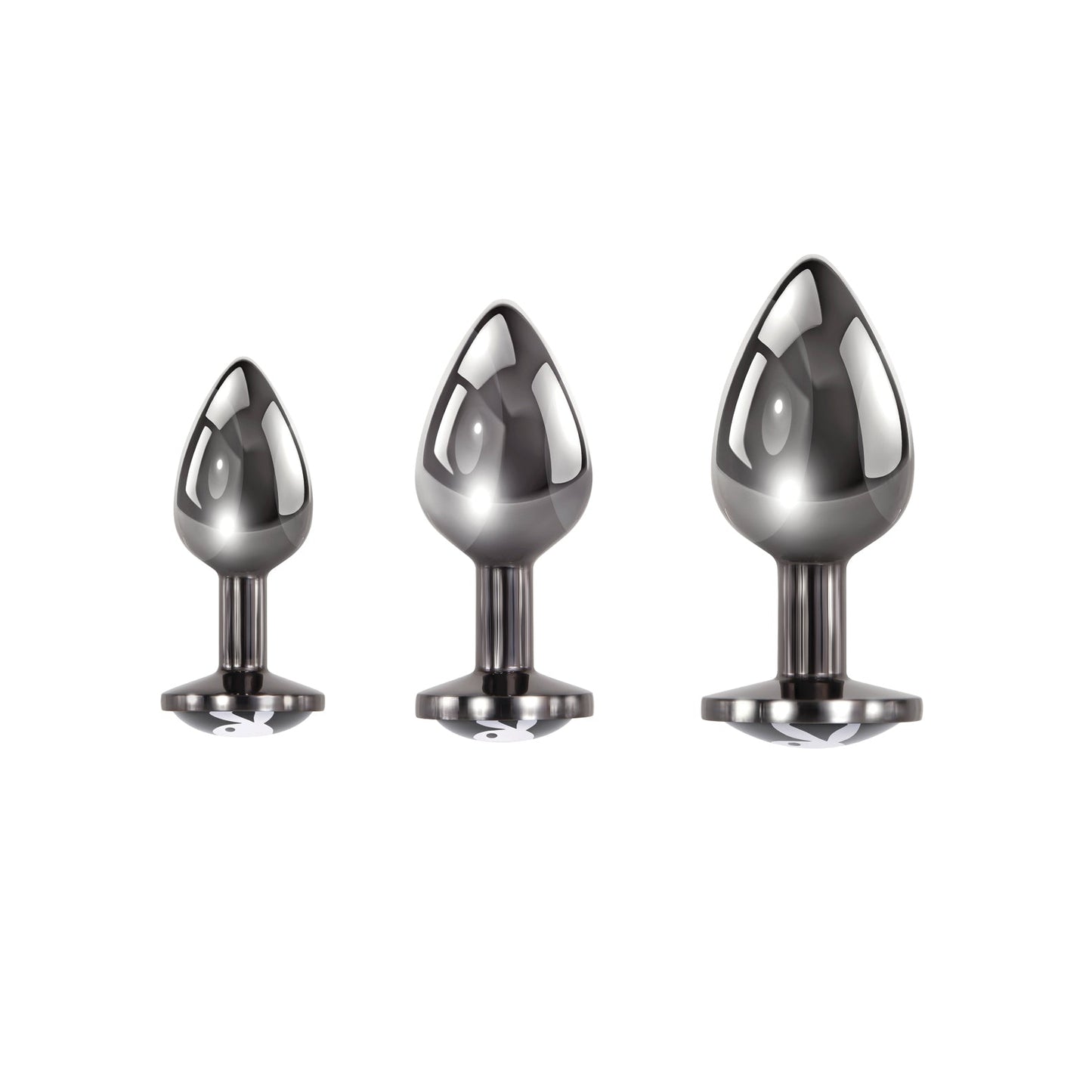 The Playboy 3 Ways Butt Plugs set includes three metal, teardrop-shaped tools with smooth, reflective surfaces and wide bases, arranged from small to large for the perfect booty game upgrade against a plain white backdrop.