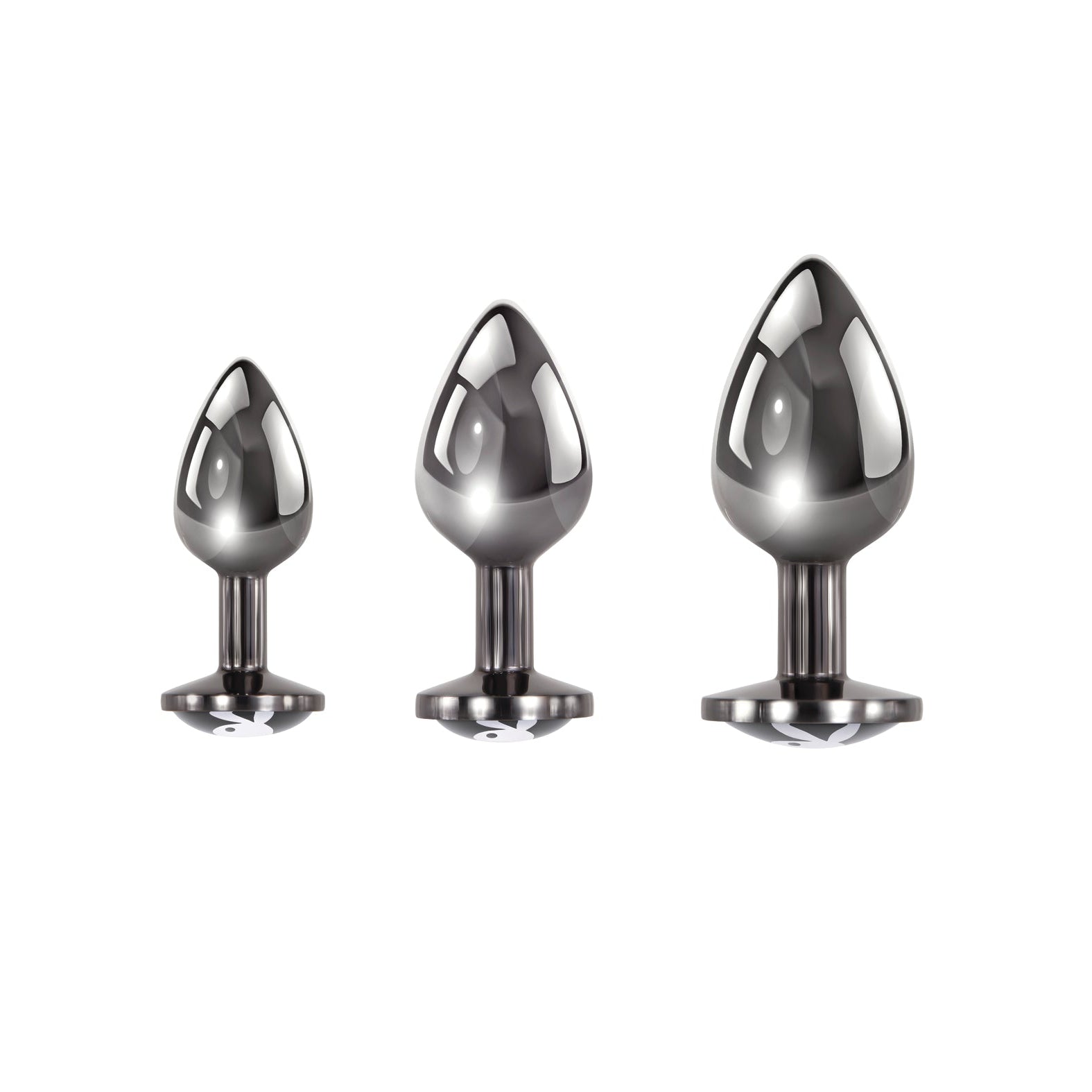 The Playboy 3 Ways Butt Plugs set includes three metal, teardrop-shaped tools with smooth, reflective surfaces and wide bases, arranged from small to large for the perfect booty game upgrade against a plain white backdrop.