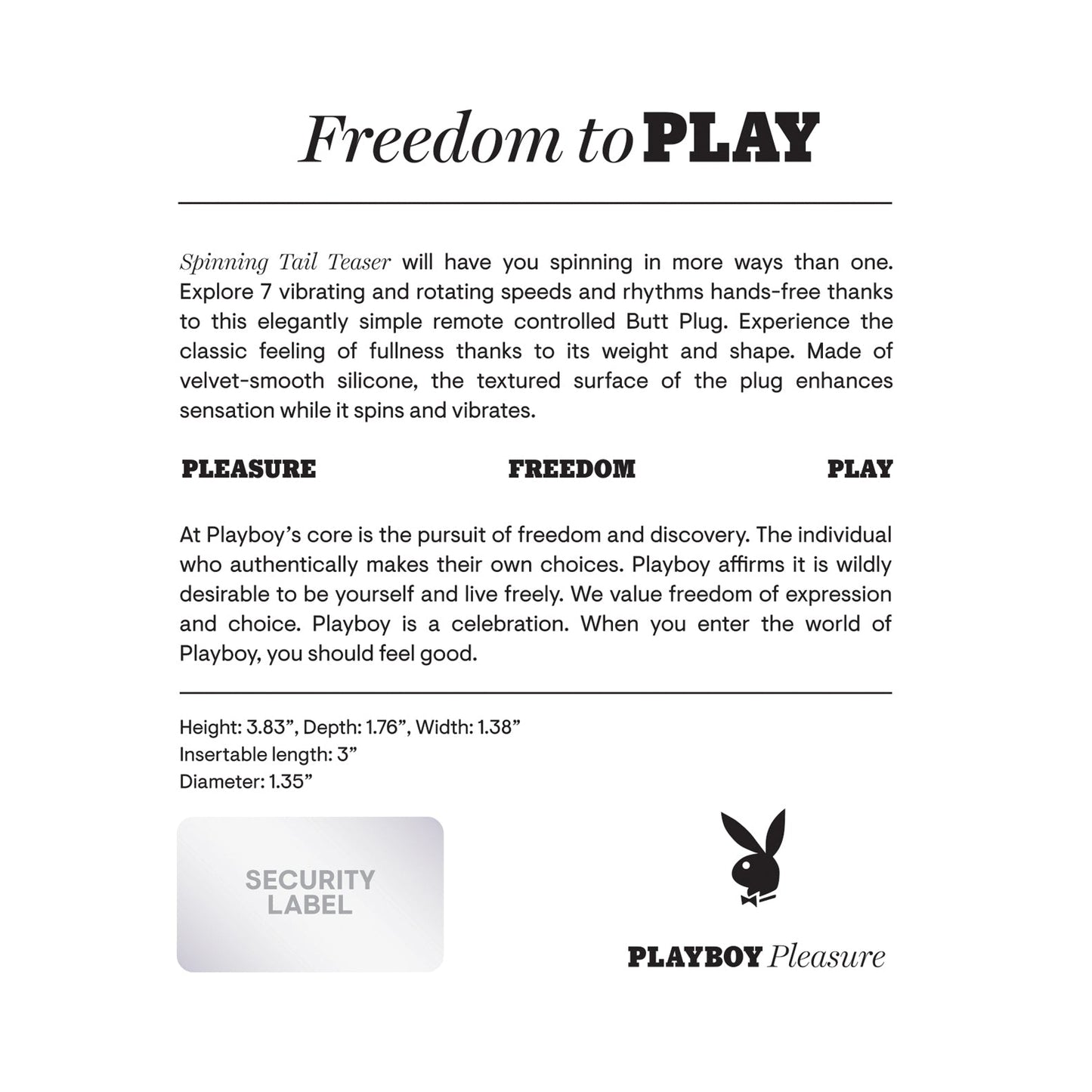 The Freedom to PLAY product card highlights the Playboy Spinning Tail Teaser Butt Plug - Salute with smooth silicone and a secure fit. It offers remote-controlled vibrating speeds for an enhanced experience, includes dimensions, and features the iconic Playboy logo alongside Playboy Pleasure.