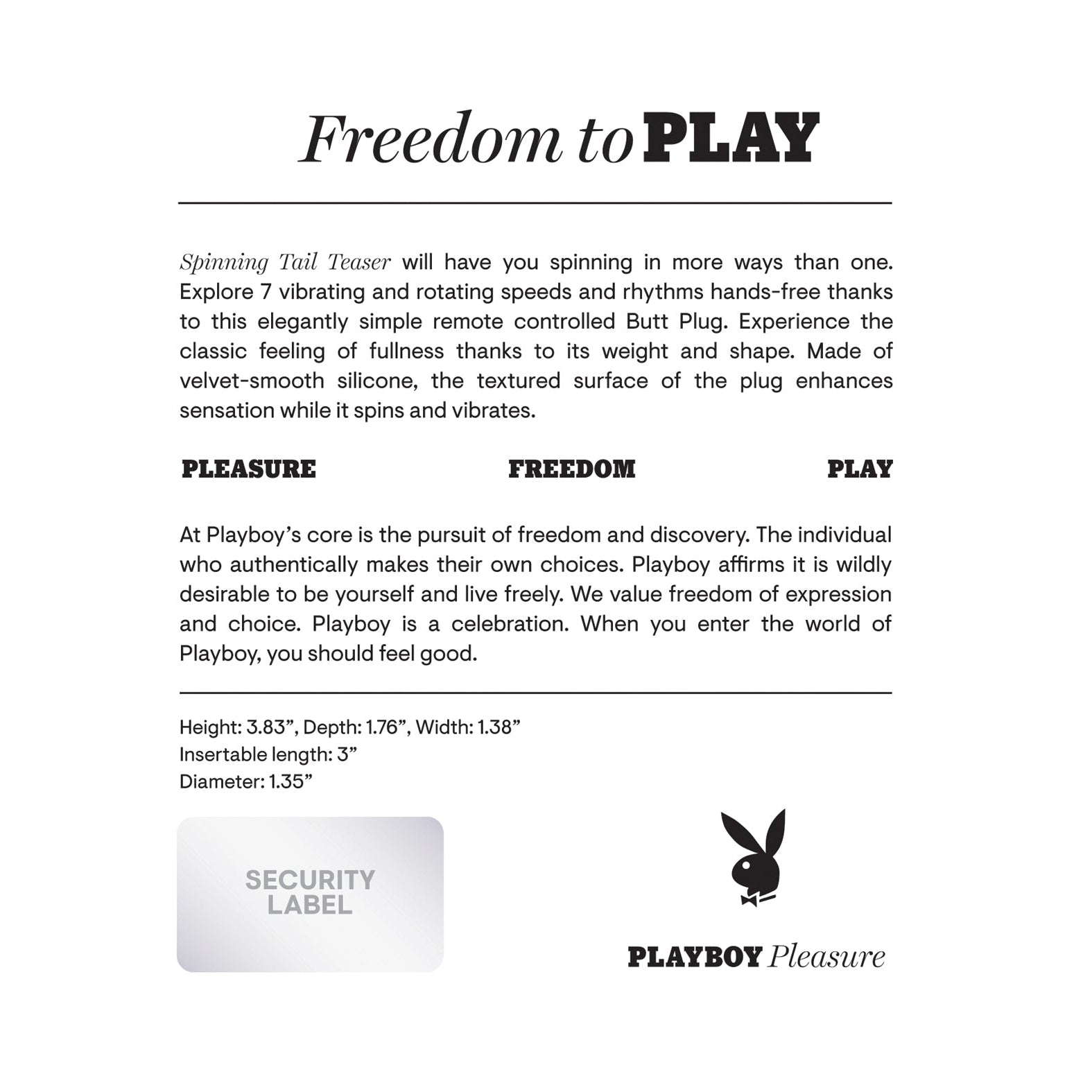 The Freedom to PLAY product card highlights the Playboy Spinning Tail Teaser Butt Plug - Salute with smooth silicone and a secure fit. It offers remote-controlled vibrating speeds for an enhanced experience, includes dimensions, and features the iconic Playboy logo alongside Playboy Pleasure.