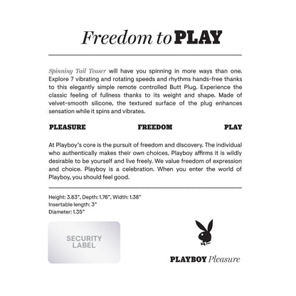 The Freedom to PLAY product card highlights the Playboy Spinning Tail Teaser Butt Plug - Salute with smooth silicone and a secure fit. It offers remote-controlled vibrating speeds for an enhanced experience, includes dimensions, and features the iconic Playboy logo alongside Playboy Pleasure.