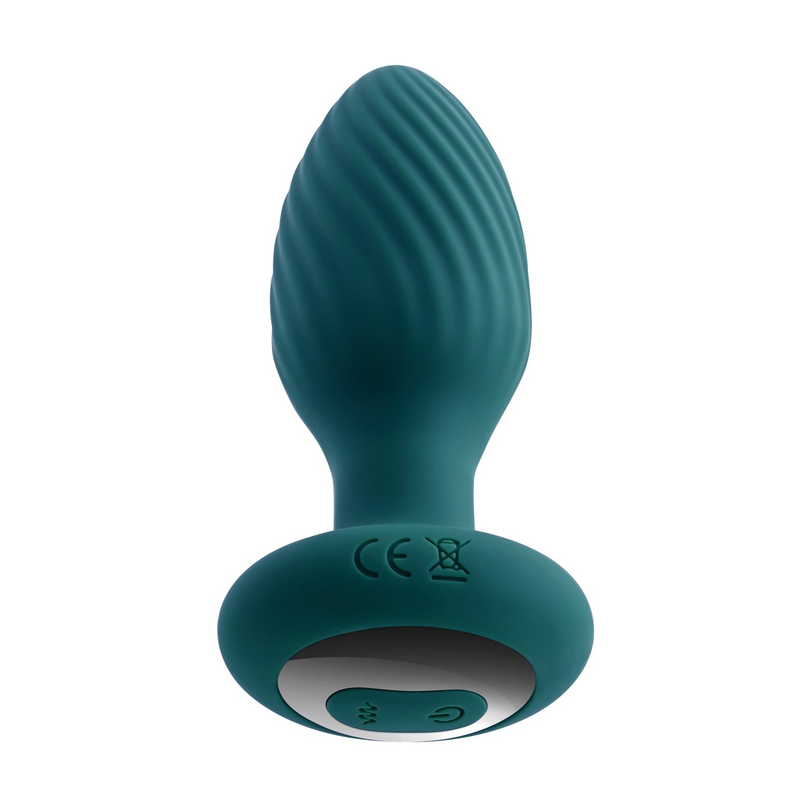 The Playboy Spinning Tail Teaser Butt Plug - Salute by Playboy is a teal ergonomic device with textured ridges and a rounded base with control buttons. It offers adjustable vibrating speeds for a comfortable, personalized experience and includes a remote control for ease of use.