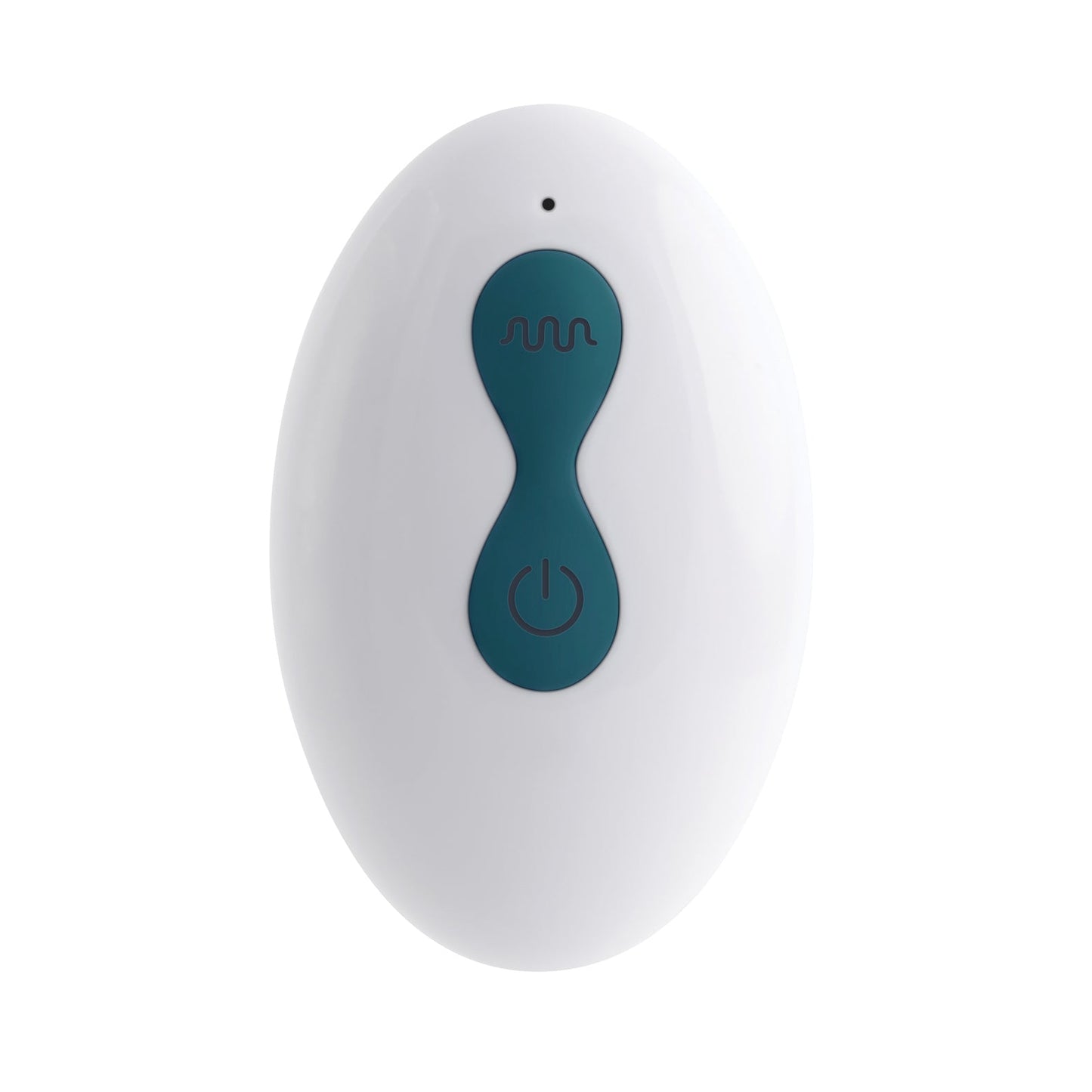 The Playboy Spinning Tail Teaser Butt Plug - Salute is a white, oval-shaped device featuring a teal power button with an abstract line, centrally located on the front. This button lets users explore various vibration speeds.