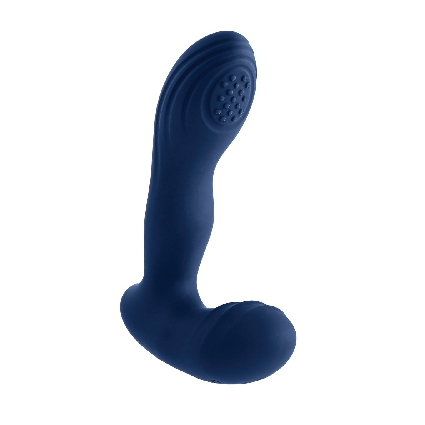The Playboy Prostate Massager by Playboy is a sleek blue silicone object with a rounded end and textured surface near the tip, offering variable vibration speeds for an enhanced hands-free experience.