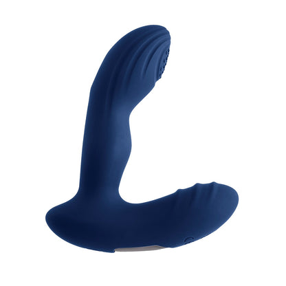 The Playboy Prostate Massager by Playboy is a dark blue, L-shaped device with a textured design for hands-free use. It boasts a sleek, modern look, featuring a flexible arm and ergonomic curves for comfort. The massager offers adjustable vibrating speeds to enhance relaxation.