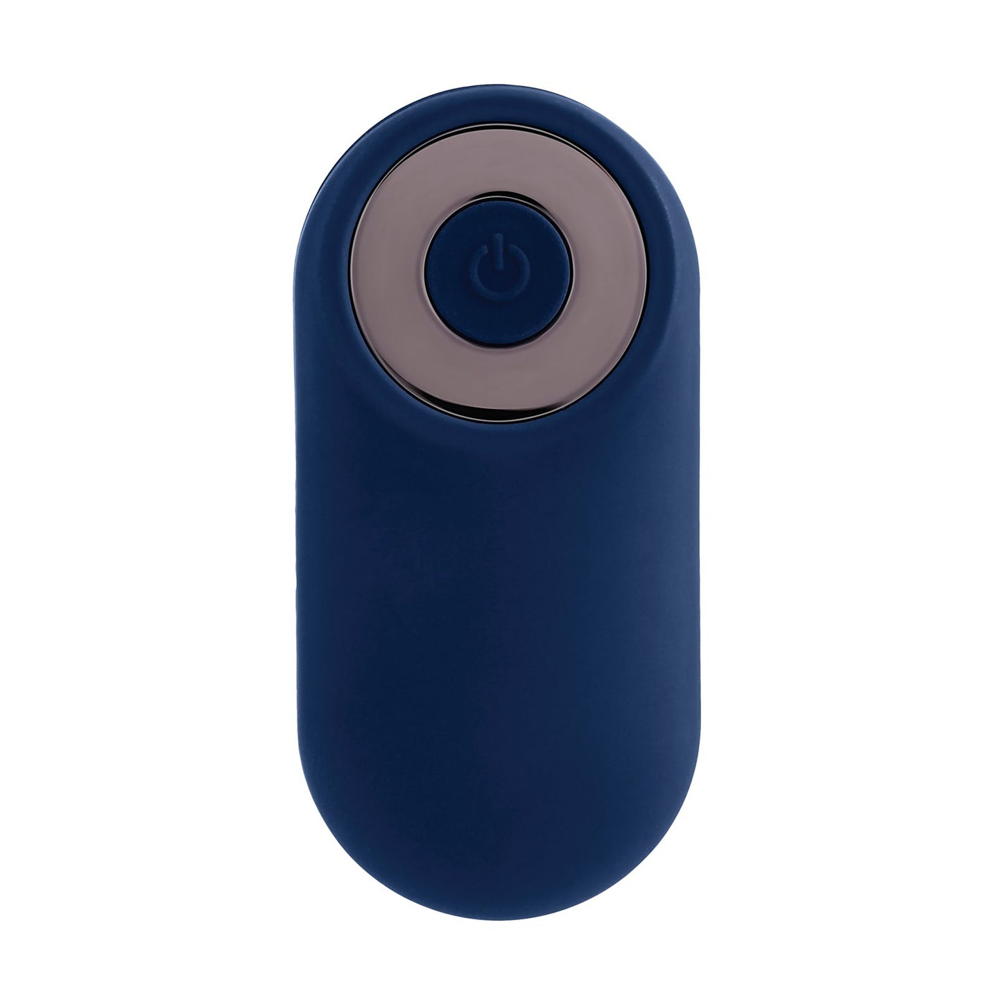 The Playboy Prostate Massager by Playboy is a small, oval-shaped blue device with a large circular button on top featuring a power symbol. Its sleek, modern design is ideal for tech uses, offering customizable vibrating speeds for a tailored experience.