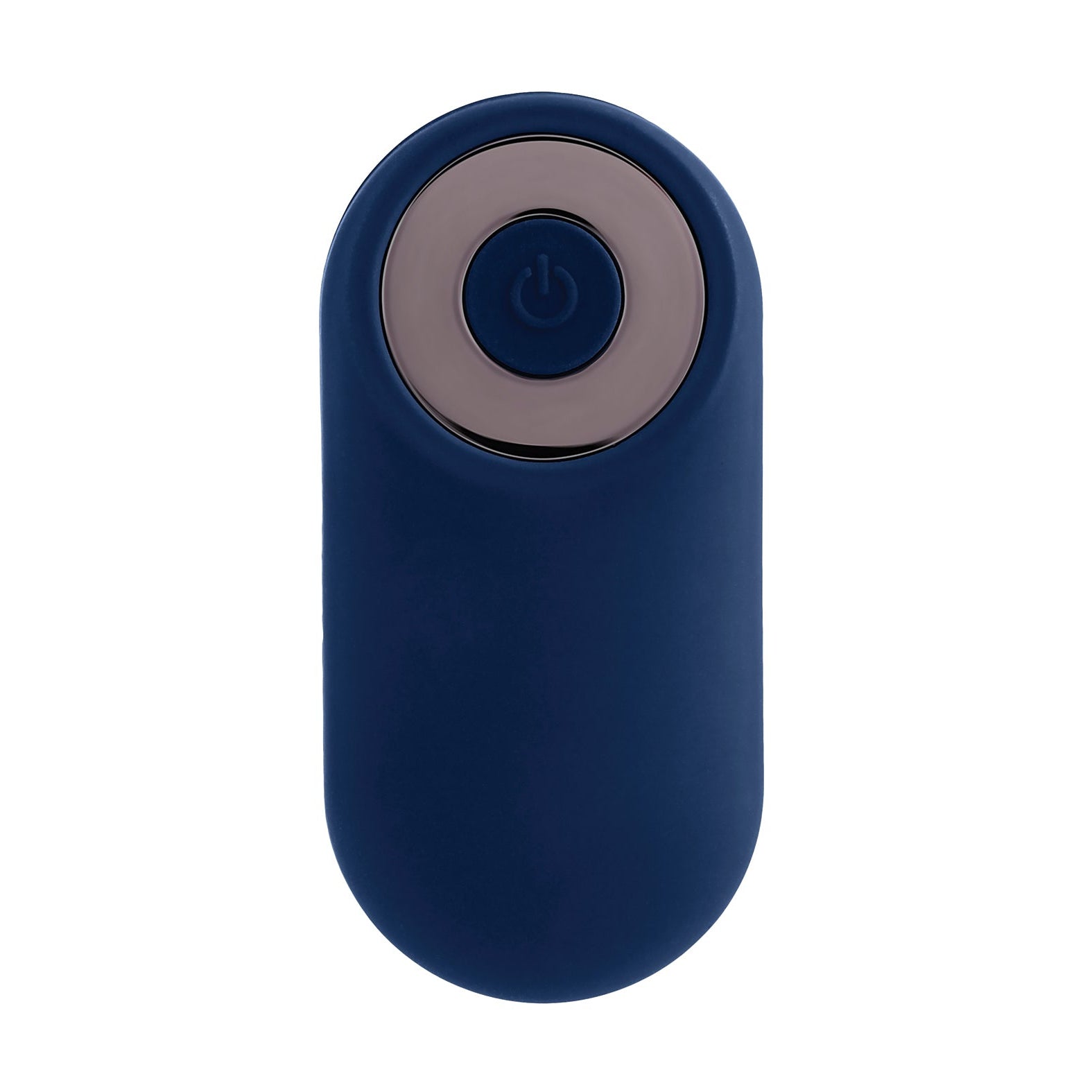 The Playboy Prostate Massager by Playboy is a small, oval-shaped blue device with a large circular button on top featuring a power symbol. Its sleek, modern design is ideal for tech uses, offering customizable vibrating speeds for a tailored experience.