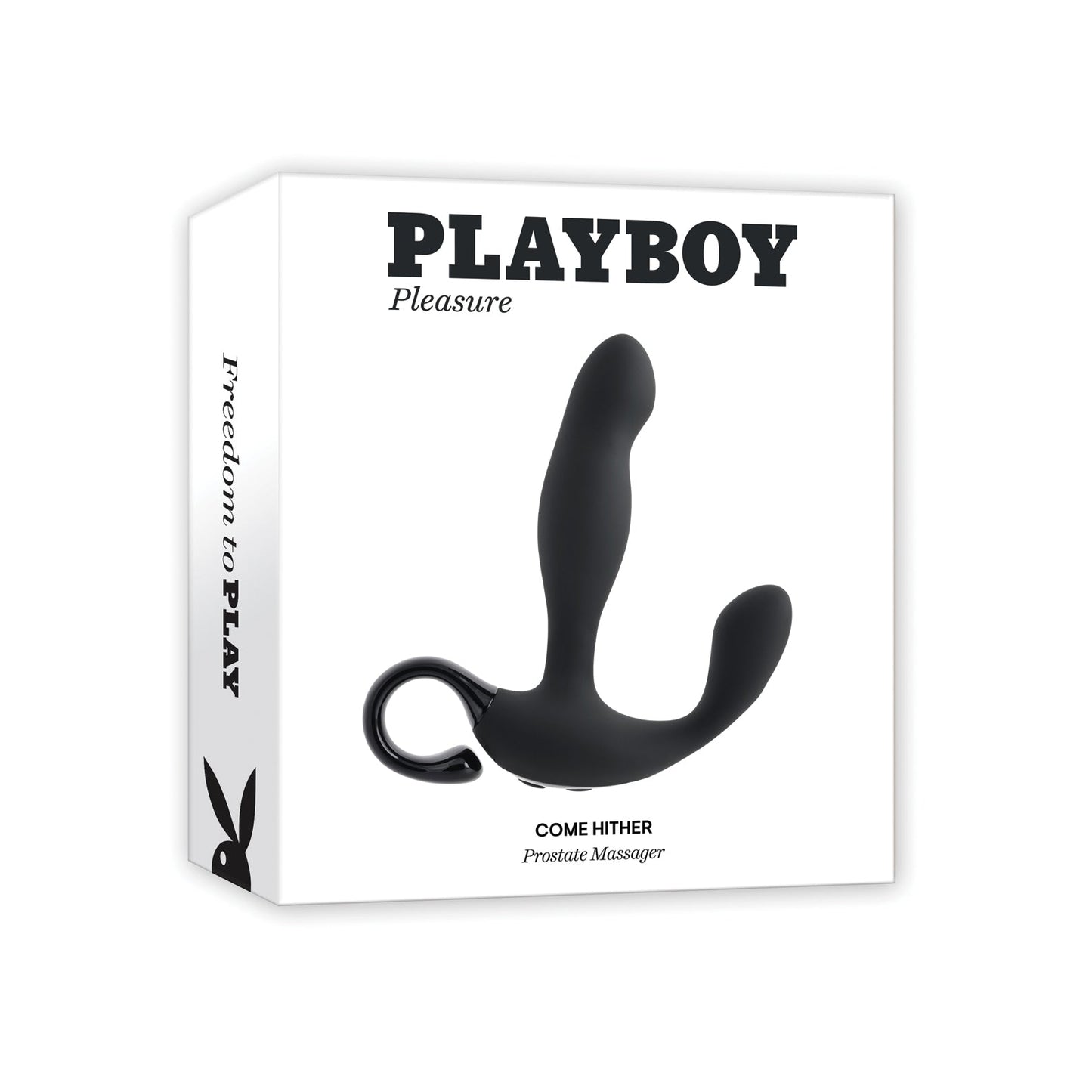 The Playboy Pleasure Come Hither Prostate Massager - 2 AM boasts a black, body-safe silicone design with a vibrating shaft for enhanced pleasure. It features sleek white packaging with black text and a small Playboy bunny logo on the side.