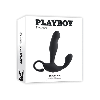 The Playboy Pleasure Come Hither Prostate Massager - 2 AM boasts a black, body-safe silicone design with a vibrating shaft for enhanced pleasure. It features sleek white packaging with black text and a small Playboy bunny logo on the side.