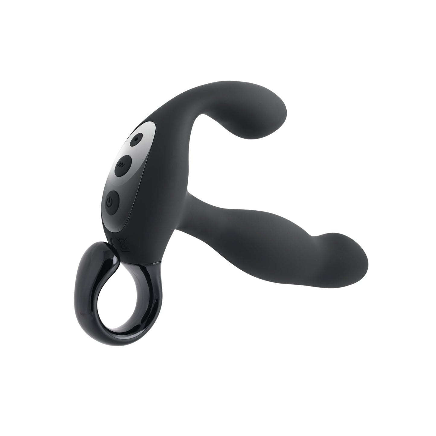 The Playboy Pleasure Come Hither Prostate Massager - 2 AM, by Playboy, is a black, ergonomic massager made from body-safe silicone. It has a curved dual-end design with a ring handle and buttons on one side to control the vibrating prostate shaft. Ideal for personal use.