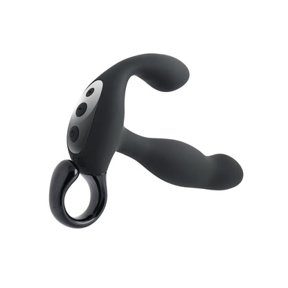 The Playboy Pleasure Come Hither Prostate Massager - 2 AM, by Playboy, is a black, ergonomic massager made from body-safe silicone. It has a curved dual-end design with a ring handle and buttons on one side to control the vibrating prostate shaft. Ideal for personal use.