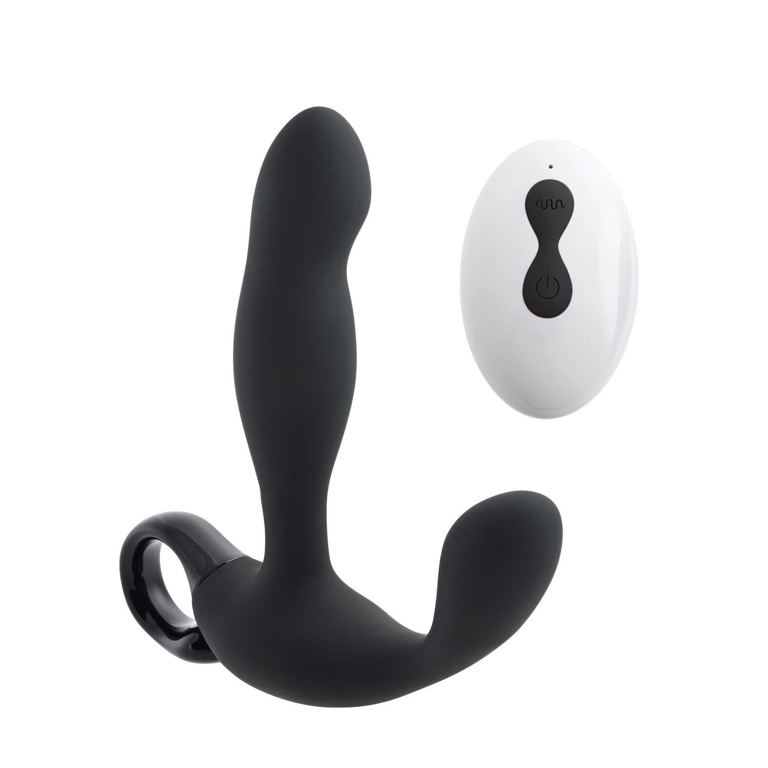 The Playboy Pleasure Come Hither Prostate Massager - 2 AM is a black prostate massager made of body-safe silicone, featuring a curved design and loop handle, plus a white oval remote control with three buttons.