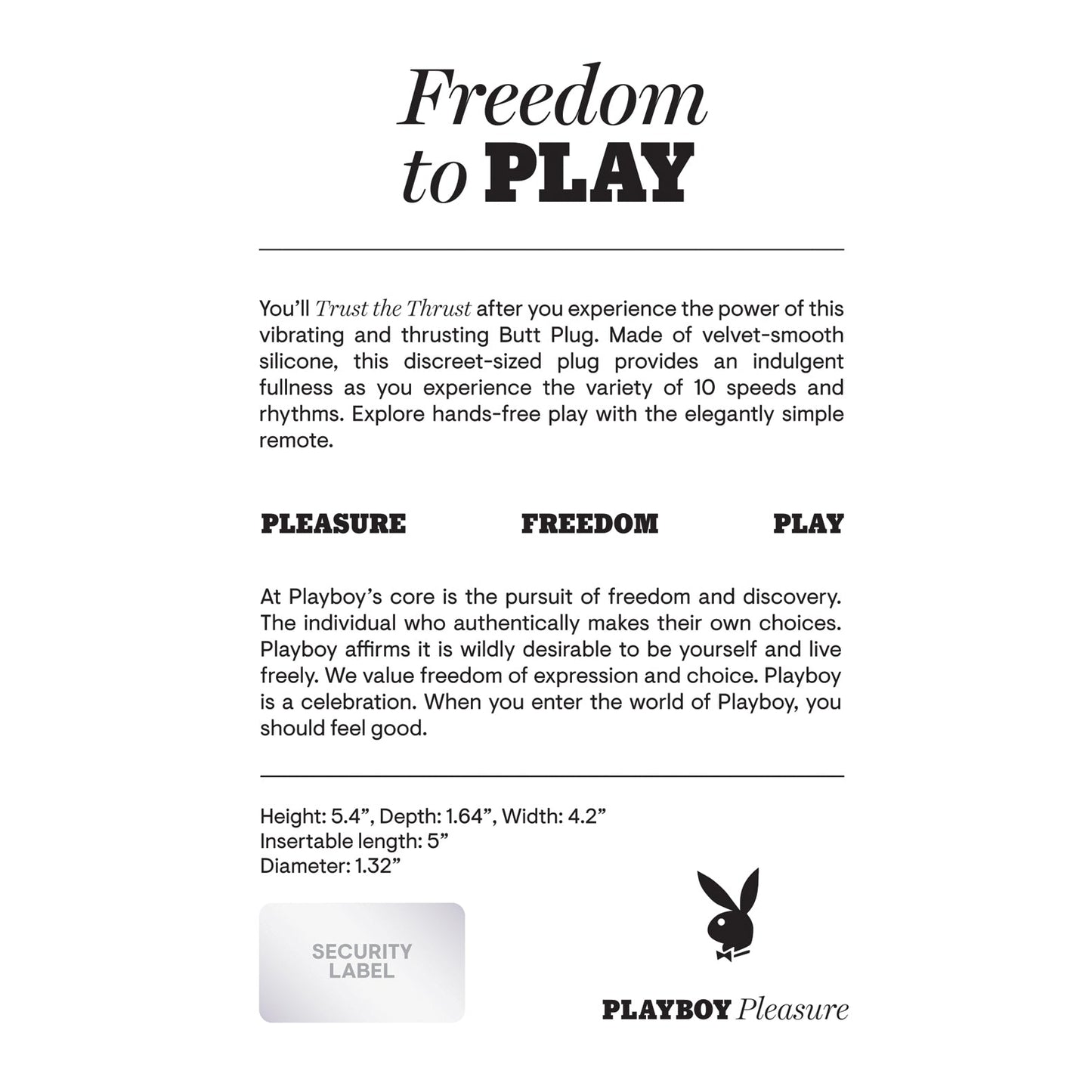 A promotional image for the Playboy Trust The Thrust Butt Plug - 2 AM features text emphasizing play and freedom, alongside product dimensions. It includes a small security label, the Playboy logo, and notes on its remote control functionality.