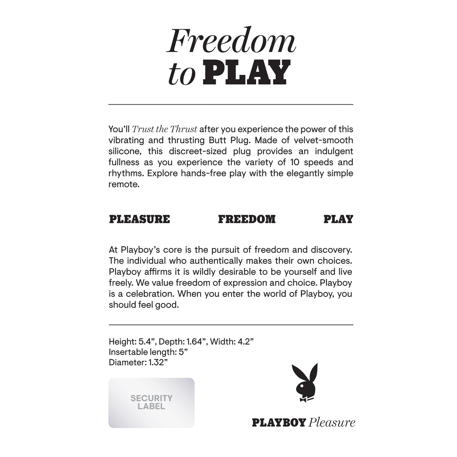A promotional image for the Playboy Trust The Thrust Butt Plug - 2 AM features text emphasizing play and freedom, alongside product dimensions. It includes a small security label, the Playboy logo, and notes on its remote control functionality.