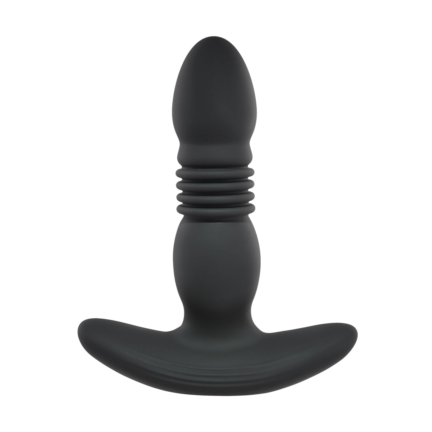 The Playboy Trust The Thrust Butt Plug - 2 AM by Playboy is a black silicone vibrating butt plug featuring a smooth, rounded top, flared base, and a ridged neck for enhanced sensations.