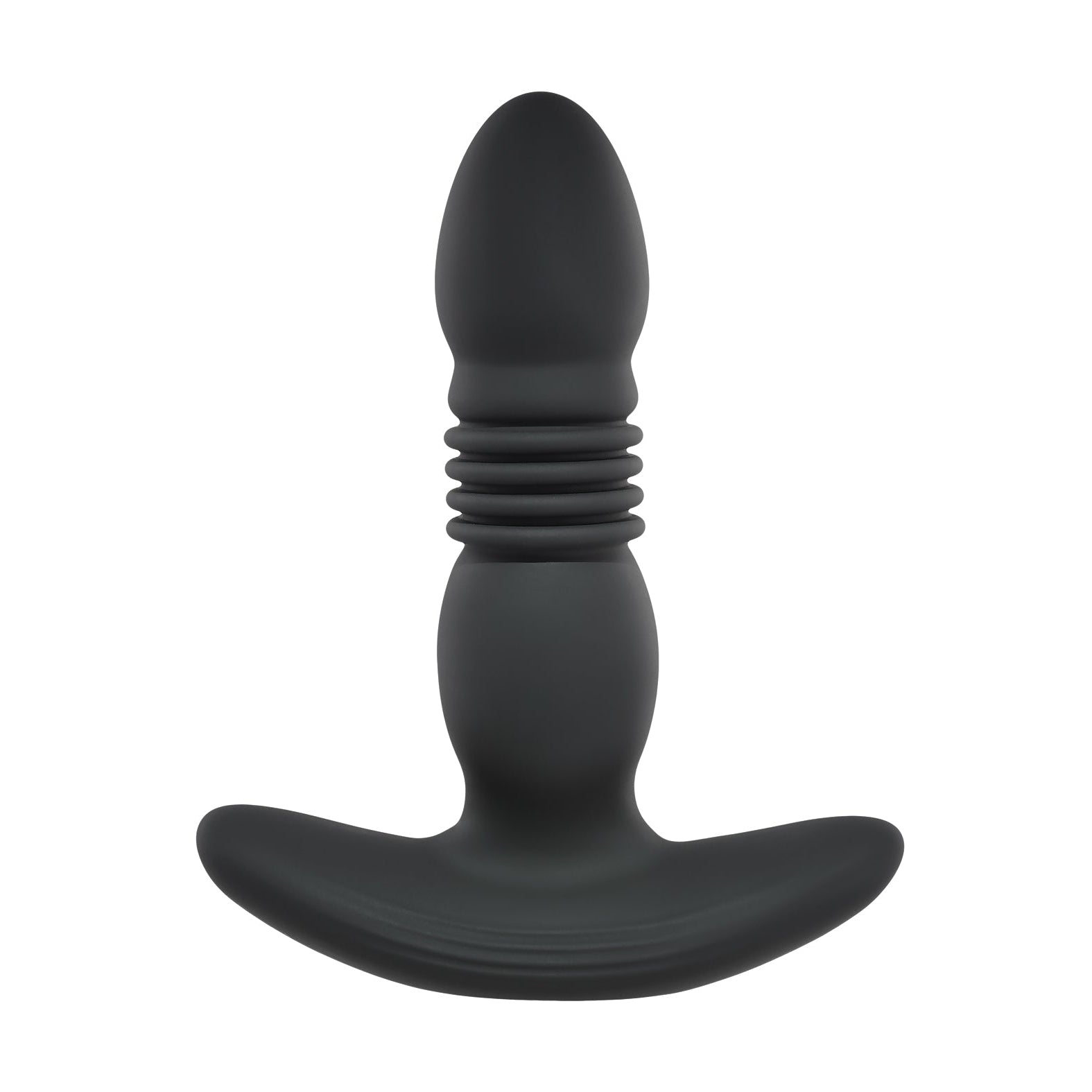 The Playboy Trust The Thrust Butt Plug - 2 AM by Playboy is a black silicone vibrating butt plug featuring a smooth, rounded top, flared base, and a ridged neck for enhanced sensations.
