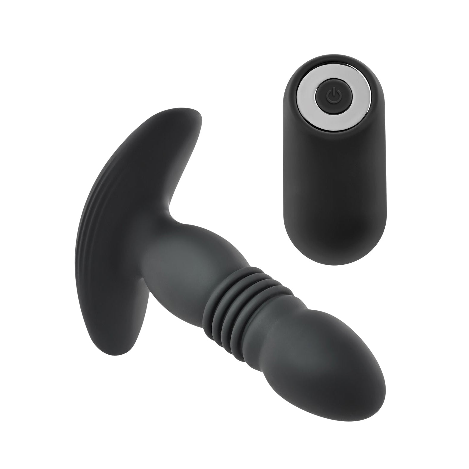 The Playboy Trust The Thrust Butt Plug - 2 AM by Playboy is a black, ergonomic silicone vibrating butt plug with a ribbed section near the flared base. It comes with a cylindrical black remote control featuring a power button on top for added convenience.