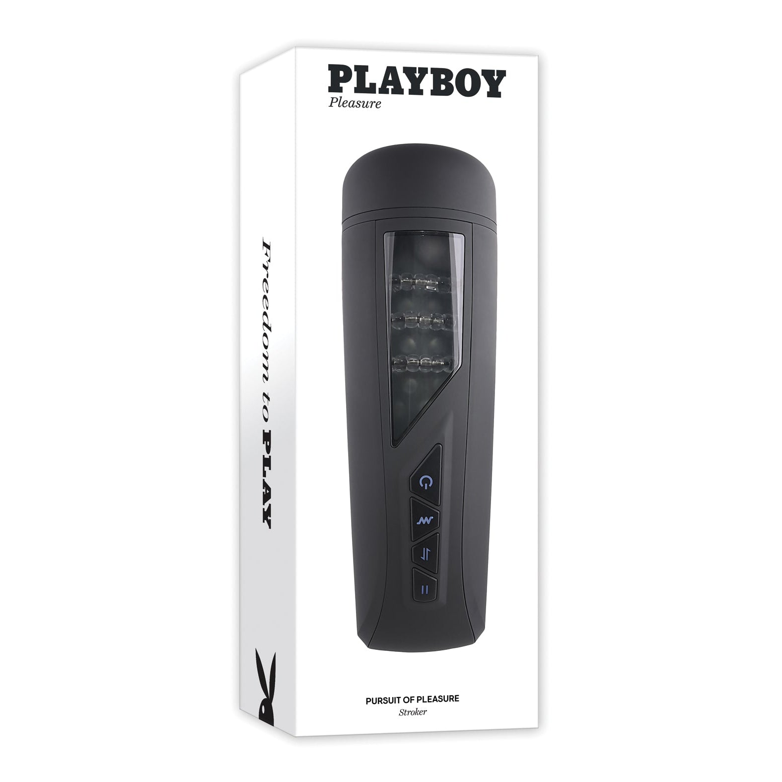A sleek Playboy Pursuit Of Pleasure Stroker - 2 AM, crafted with premium materials, features control buttons and a black design. The packaging highlights the product and Freedom to Play, emphasizing your pursuit of pleasure.