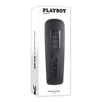 A sleek Playboy Pursuit Of Pleasure Stroker - 2 AM, crafted with premium materials, features control buttons and a black design. The packaging highlights the product and Freedom to Play, emphasizing your pursuit of pleasure.