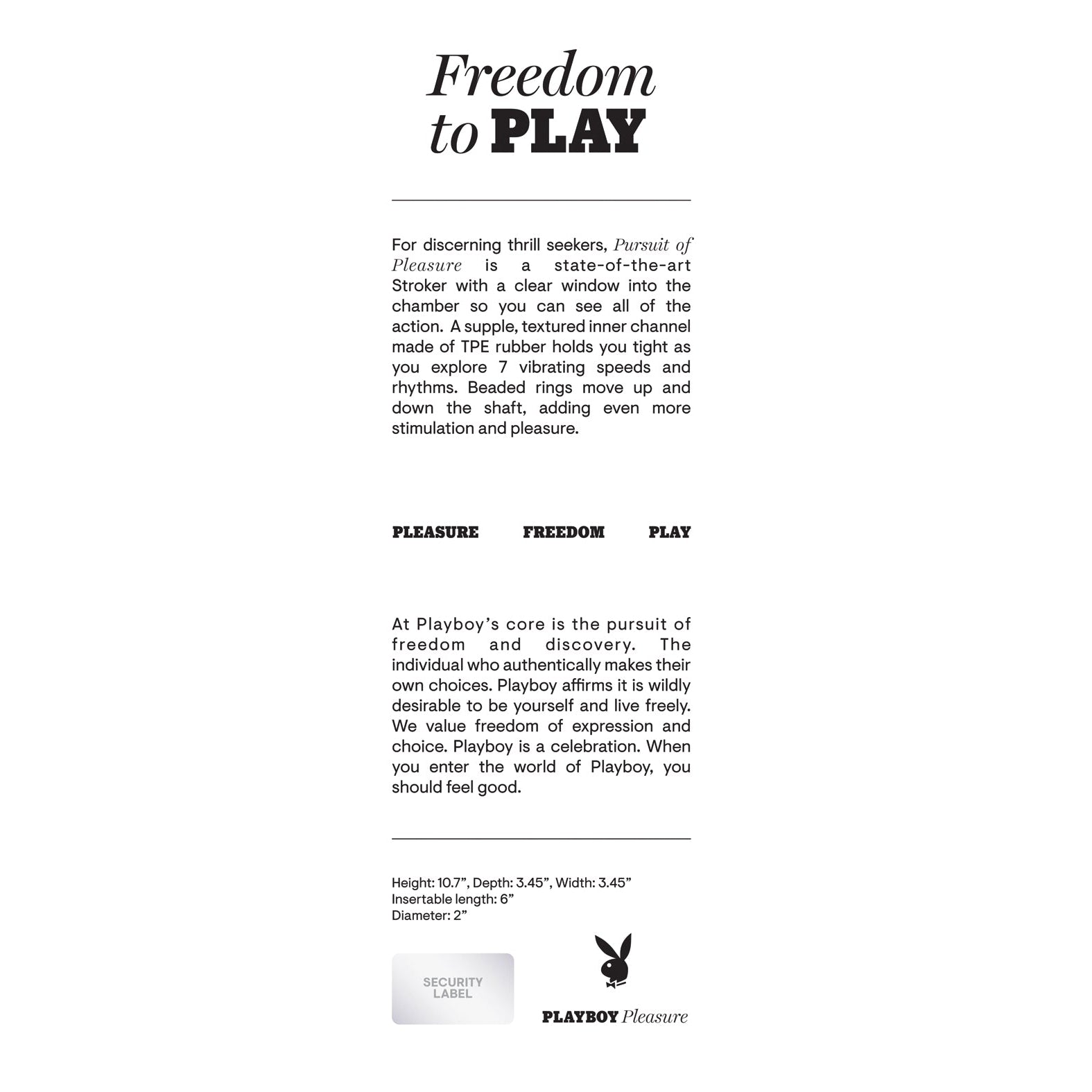 Introducing the Playboy Pursuit Of Pleasure Stroker - 2 AM, a premium vibrating stroker for ultimate pleasure. Its rubber-lined channel, tailored vibrations, and customizable speeds redefine personal enjoyment.