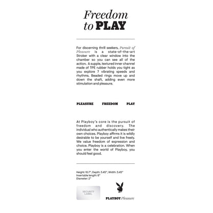 Introducing the Playboy Pursuit Of Pleasure Stroker - 2 AM, a premium vibrating stroker for ultimate pleasure. Its rubber-lined channel, tailored vibrations, and customizable speeds redefine personal enjoyment.