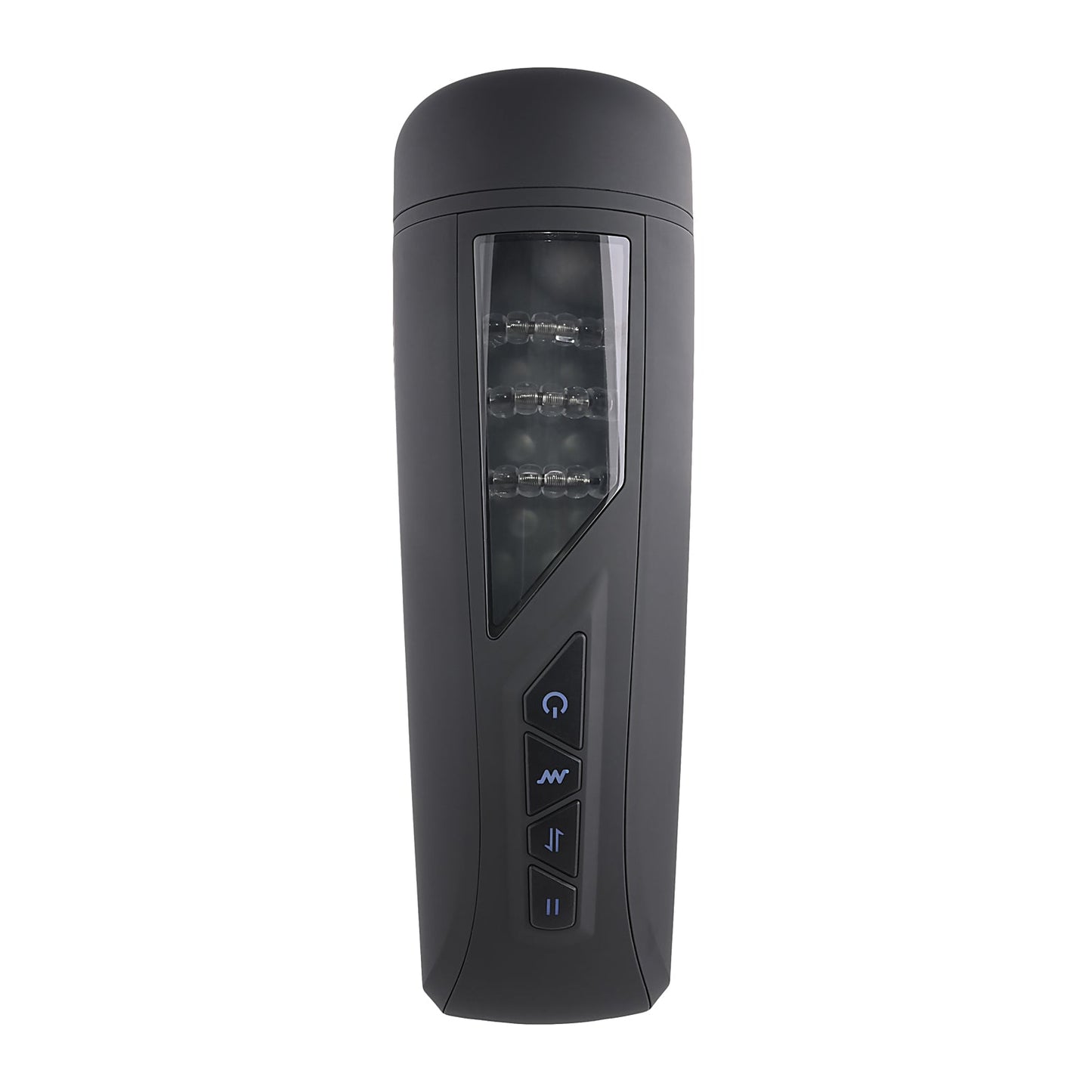 The Playboy Pursuit Of Pleasure Stroker - 2 AM is a premium black cylindrical electronic device with a transparent panel showing internal components and vertically arranged buttons, including power and play/pause icons, designed for the discerning aficionado.