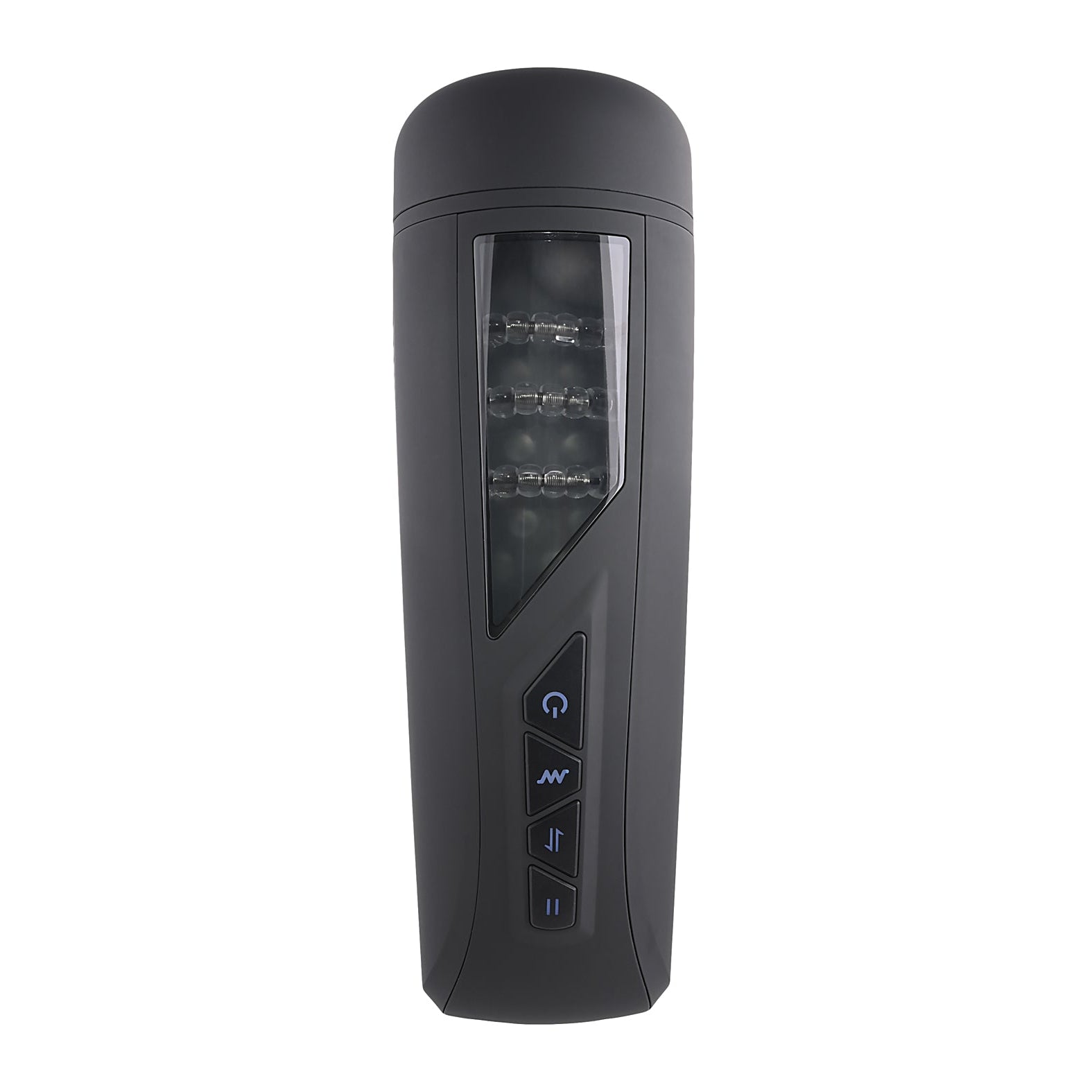 The Playboy Pursuit Of Pleasure Stroker - 2 AM is a premium black cylindrical electronic device with a transparent panel showing internal components and vertically arranged buttons, including power and play/pause icons, designed for the discerning aficionado.