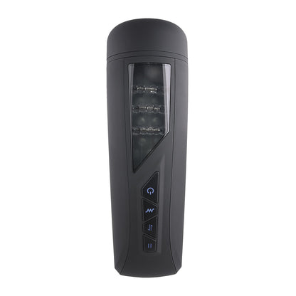 The Playboy Pursuit Of Pleasure Stroker - 2 AM is a premium black cylindrical electronic device with a transparent panel showing internal components and vertically arranged buttons, including power and play/pause icons, designed for the discerning aficionado.